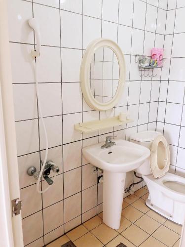 a bathroom with a sink and a toilet and a mirror at Chia Yun Homestay in Luodong