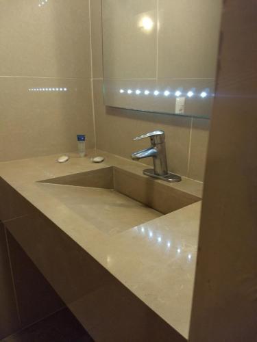 a bathroom counter with a sink and a mirror at Hotel Acuario de Veracruz in Veracruz