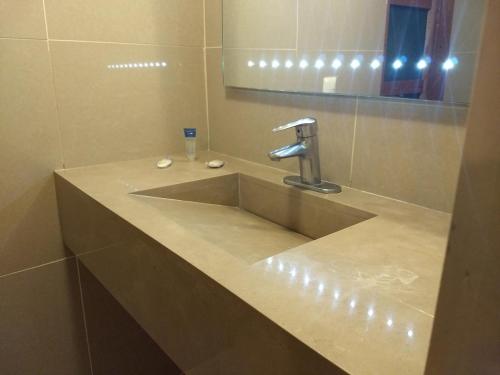 een wastafel in de badkamer met een kraan en een spiegel bij Hotel Acuario de Veracruz in Veracruz