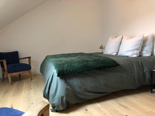 - une chambre avec un lit doté d'une couverture verte et d'une chaise dans l'établissement Charme en centre ville, tout équipé, local vélos, à Angers