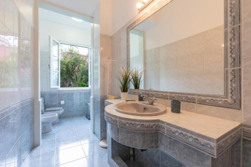 a bathroom with a large sink and a toilet at Graça Palace with Private Pool Garden in Lisbon
