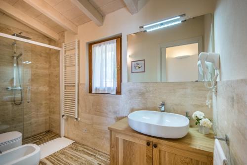 ein Bad mit einem Waschbecken, einer Dusche und einem Spiegel in der Unterkunft Casa Vacanze Squarcialupi in Castellina in Chianti