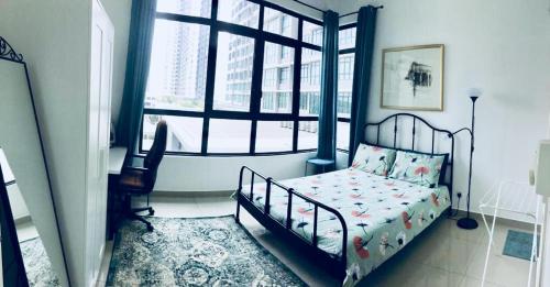 a bedroom with a bed and a large window at Conezion IOI Putrajaya (Rustic Suite, 3 Bedrooms, 2 Baths, WiFi, Pool & City View) by MRK in Putrajaya