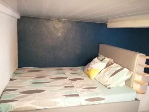 een slaapkamer met een bed met een blauwe muur bij Studio transit sur la route des plages in Le Marin