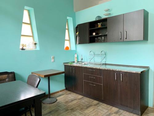 una cucina con pareti blu, lavandino e tavolo di Guest house lela a Mestia
