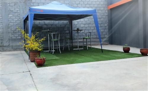 a blue tent with chairs and a table on grass at Madison Suite in Tacna