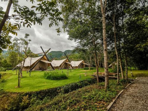 un gruppo di tende in un campo alberato di Lala Mukha Tented Resort Khao Yai a Mu Si