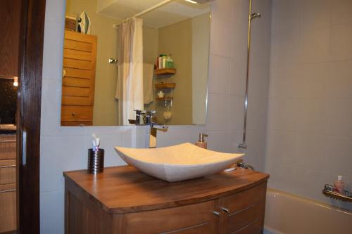 y baño con lavabo sobre un armario de madera. en Superbe studio à Crans-Montana, en Crans-Montana