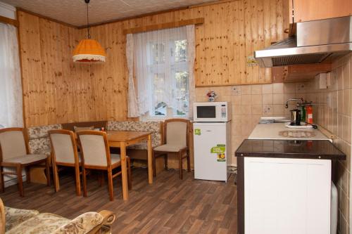 a kitchen with a table and chairs and a refrigerator at Apartmány U Kocoura pod Klínovcem in Kovářská