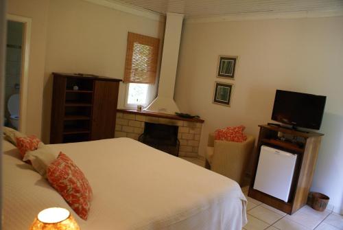 a bedroom with a bed and a tv and a fireplace at Hotel Fazenda São Francisco in Cunha