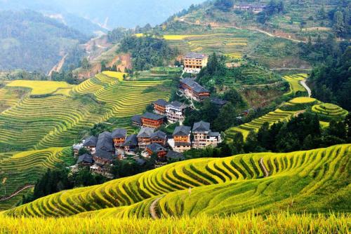 a village on the side of a hill with rice terraced fields at Wing Hotel Guilin - Central Square in Guilin