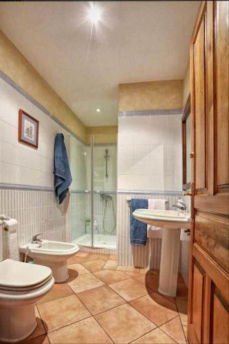 a bathroom with a toilet and a sink and a shower at La Casa del Paseo in Baños de la Encina