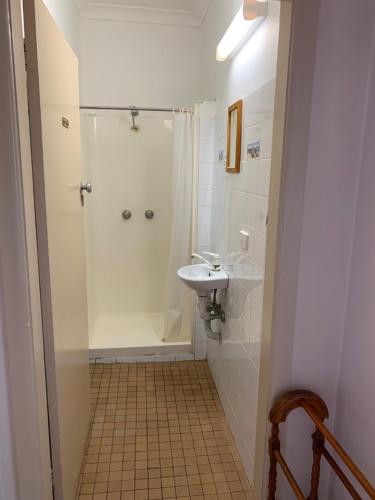 a small bathroom with a shower and a sink at Burwood Bed and Breakfast in Sydney