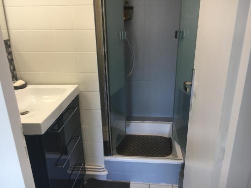 a bathroom with a shower and a sink at Appartement T2 refait à neuf, piscine in Quiberon