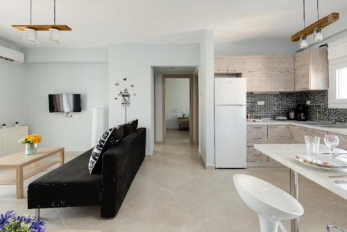塞薩羅尼基的住宿－Bright Spacious Two-Bedroom Apartment，一间带黑色沙发的客厅和一间厨房