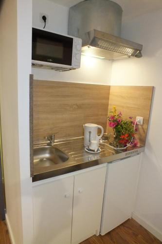 a kitchen with a sink and a microwave at hotel du parc in Maclas