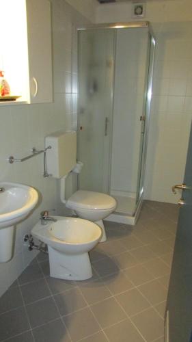 a bathroom with a toilet and a sink and a shower at La casa del popolo in Prato Carnico