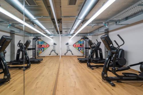 - une salle de sport avec tapis de course et machines elliptiques dans l'établissement Gast - und Kulturhaus Der Teufelhof Basel, à Bâle