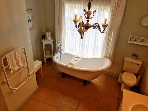 a bathroom with a tub and a toilet and a window at Rose Cottage @ Gods' Haven Eco Estate in Underberg