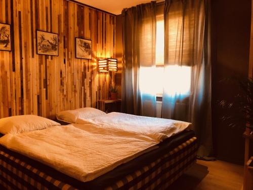 een slaapkamer met een bed en een raam met een licht bij Wieler Wellness Huuske in Spaubeek