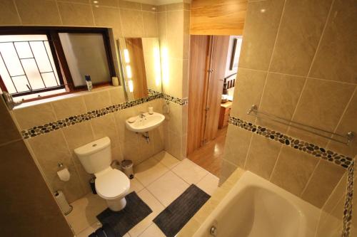 a bathroom with a toilet and a sink and a tub at Saltycrax Backpackers and Surf Hostel in Bloubergstrand