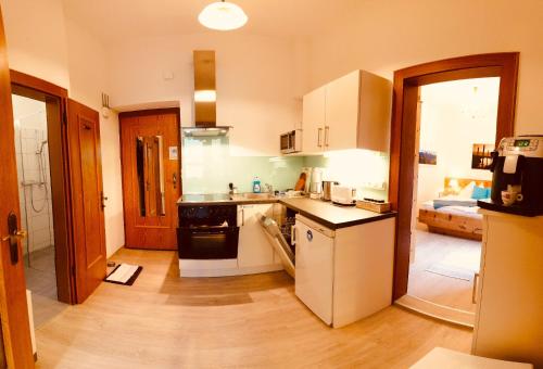 a kitchen with a sink and a stove at Apartment Haus Braumandl in Bad Ischl
