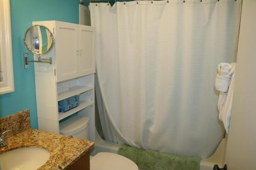 y baño con cortina de ducha blanca y aseo. en Sea Village 2nd floor Direct Oceanfront unit with extensive upgrades, en Kailua-Kona