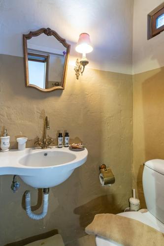 a bathroom with a sink and a mirror and a toilet at Villa Maria in Stavrokhórion