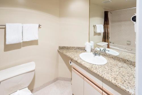 a bathroom with a sink and a toilet and a mirror at The Ironwood on Blueberry Hill in Whistler