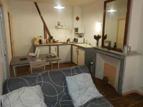un salon avec un canapé et une cuisine dans l'établissement Douceur des couverts, à Mirepoix