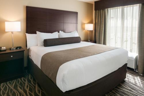 a large bed in a hotel room with two lamps at Cobblestone Hotel & Suites Appleton International Airport in Neenah