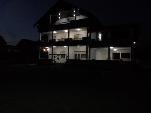 a house lit up at night with lights at Apartment Gorska vila in Ogulin