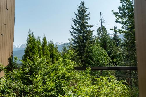a view of trees and mountains from a window at The Ironwood on Blueberry Hill in Whistler