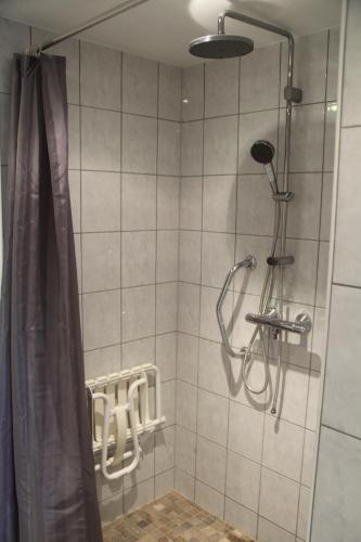 a shower with a shower curtain in a bathroom at Gîte Côté Verre in Meisenthal