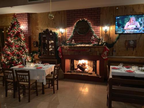 a dining room with a christmas tree and a fireplace at Margaret's Island Hotel in Naousa Imathias