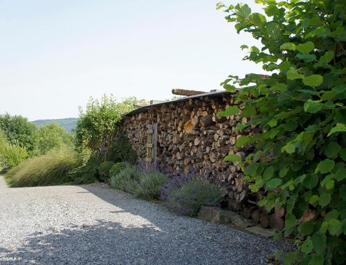 a stone wall with plants next to a building at La Cassine de Patou in Stoumont