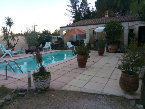 - une piscine avec des plantes en pot à côté d'une maison dans l'établissement Gite chez mamiyo gallargues le montueux, à Gallargues-le-Montueux