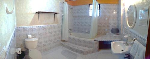 e bagno con servizi igienici, doccia e lavandino. di Hotel Tiosh Abaj a Santiago Atitlán