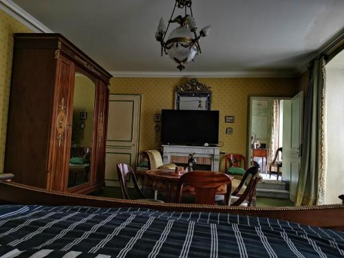 a living room with a table and a television at Le Kino Panorama in Vic-sur-Cère