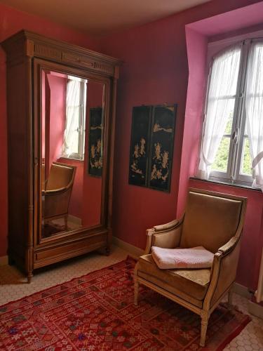 a room with a mirror and a chair and a mirror at Le Kino Panorama in Vic-sur-Cère