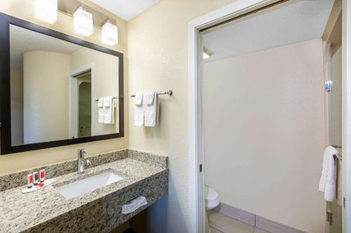 a bathroom with a sink and a mirror at Baymont Inn & Suites by Wyndham Mukwonago in Mukwonago