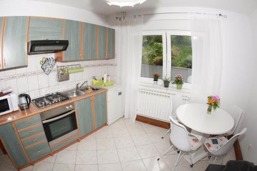 uma cozinha com uma mesa, um lavatório e uma mesa em Apartman Malina em Karlovac