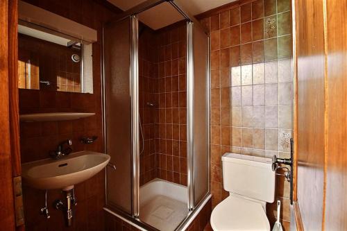 a bathroom with a shower and a toilet and a sink at Skirama 018 in Verbier