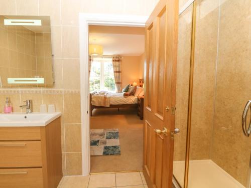 a bathroom with a sink and a shower and a bedroom at Tyddyn Goronwy in Dyffryn