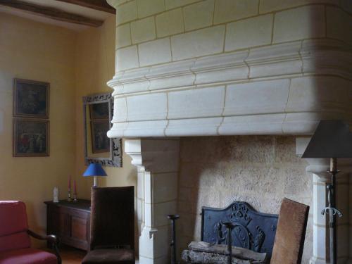 a living room with a fireplace and a red chair at Manoir Du Bois Noblet in Louerre