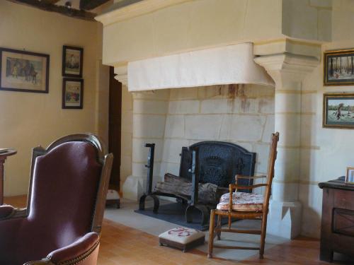 a living room with a fireplace with two chairs at Manoir Du Bois Noblet in Louerre