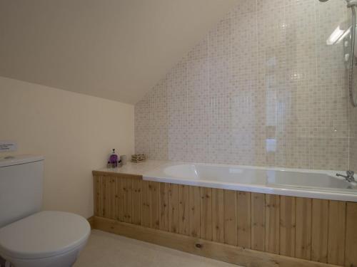a bathroom with a bath tub and a toilet at Butterdon Barn in Moretonhampstead