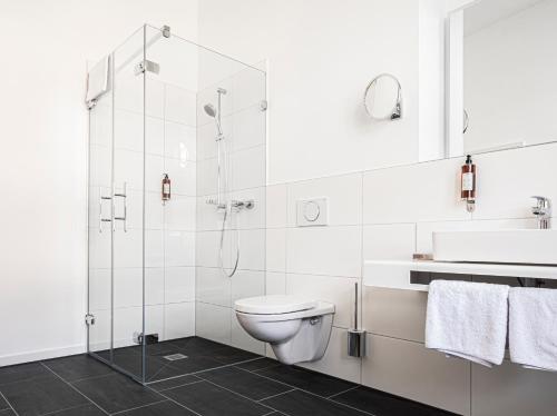 a white bathroom with a toilet and a shower at Post Berching in Berching