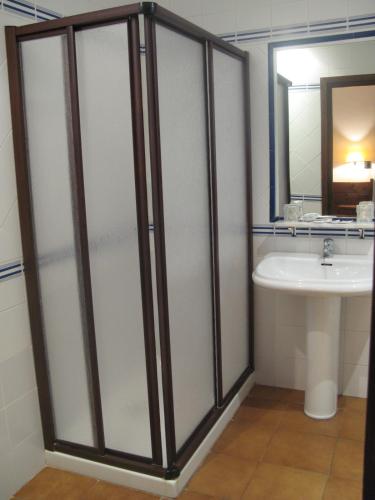 a bathroom with a shower and a sink at Hotel El Puerto in Puerto Lápice