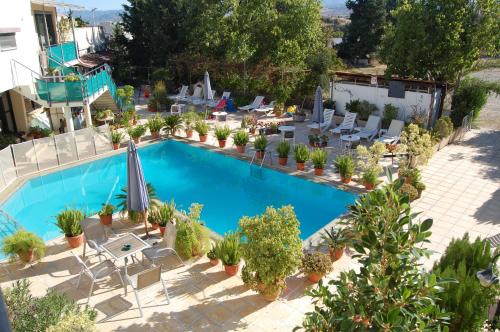 an overhead view of a pool with chairs and plants at Nicos & Olympia Apartments in Polis Chrysochous